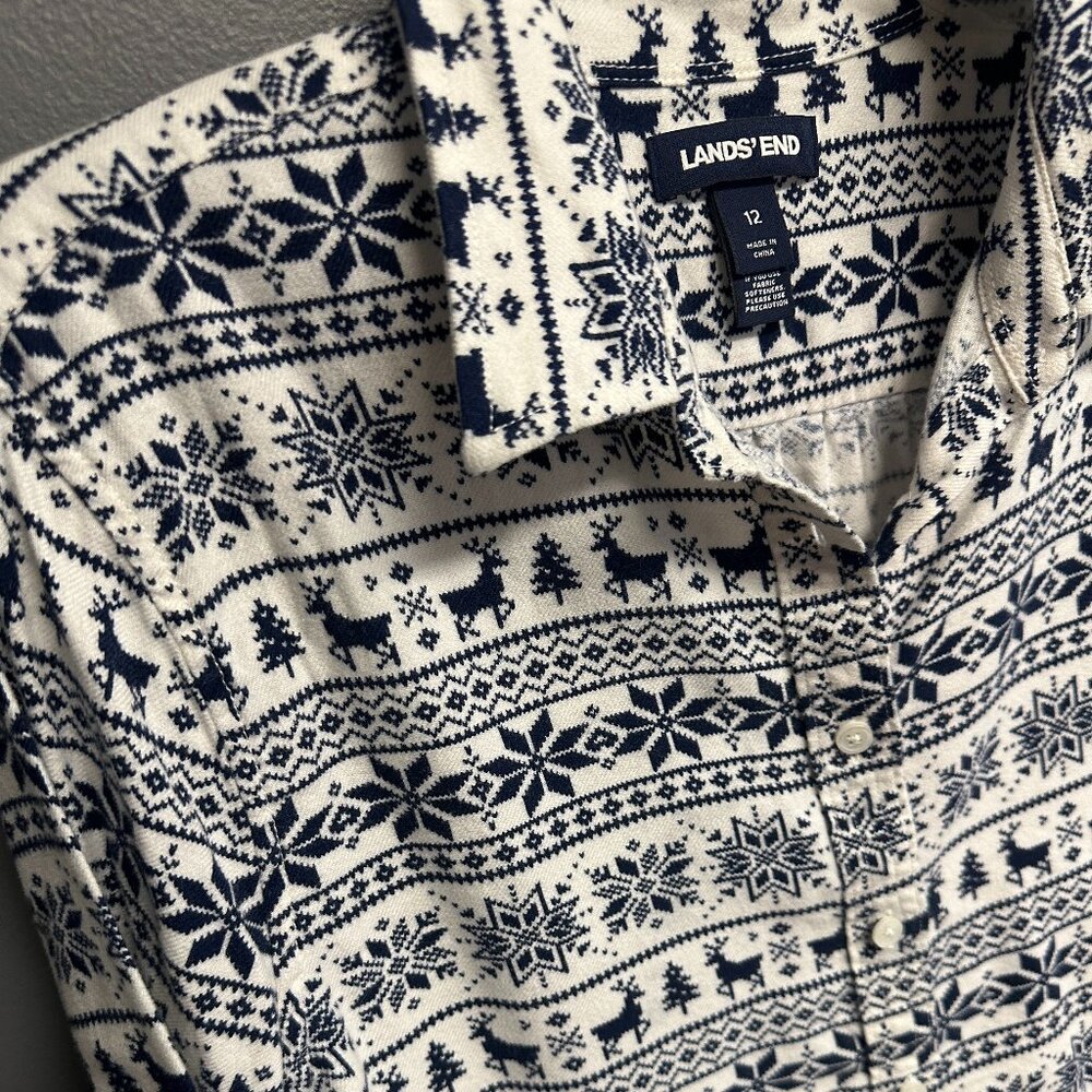 Lands End Reindeer Womens Button Flannel Top Size 12 Nordic Fair Isle Long Slv‎